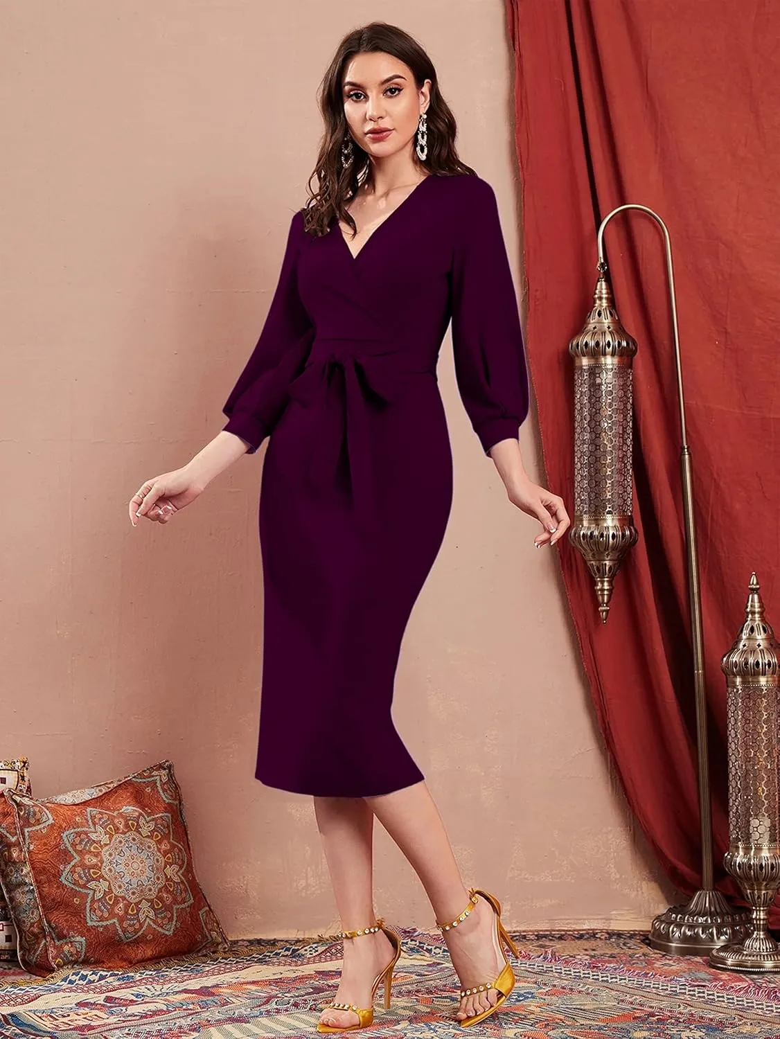 Women V Neck fulls Sleeve one Piece Formal Black Floral Western one Piece Knee-Length Dress