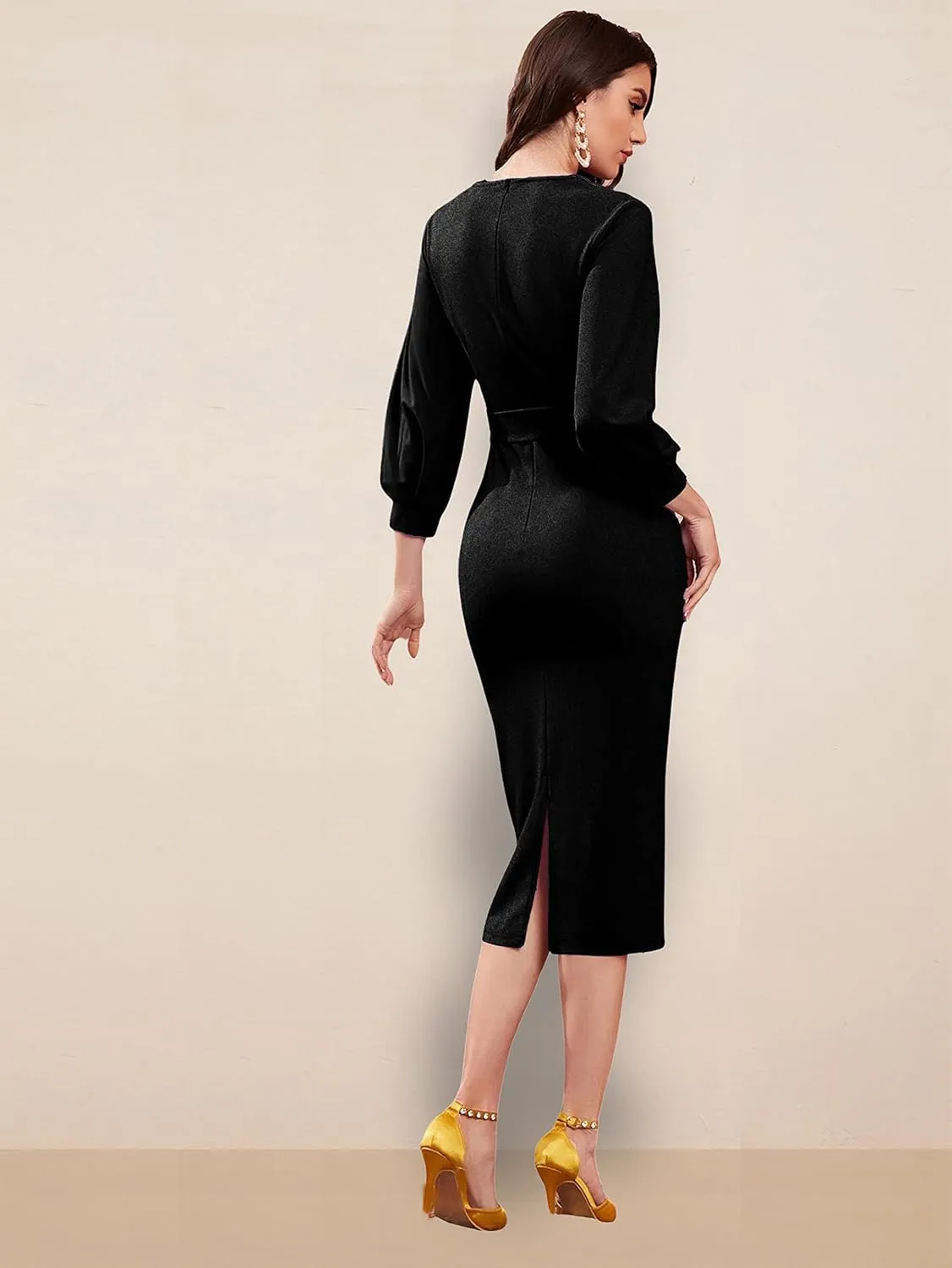 Women V Neck fulls Sleeve one Piece Formal Black Floral Western one Piece Knee-Length Dress