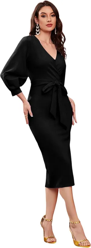 Women V Neck fulls Sleeve one Piece Formal Black Floral Western one Piece Knee-Length Dress