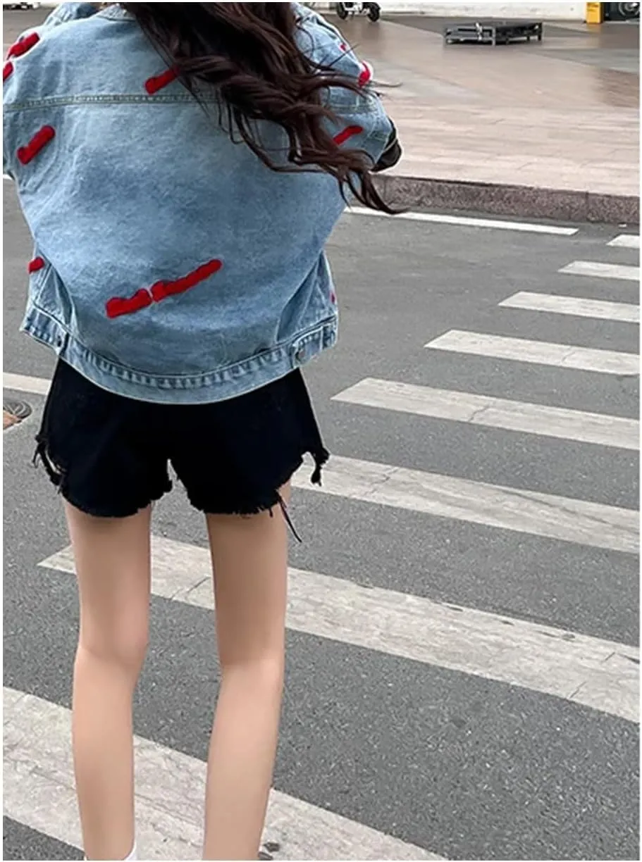 Women's Autumn Embroidered Denim Jacket with Floral Pattern Loose Fit Single Breasted Lapel Design Pockets Included
