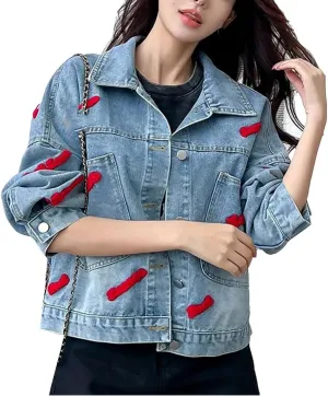 Women's Autumn Embroidered Denim Jacket with Floral Pattern Loose Fit Single Breasted Lapel Design Pockets Included