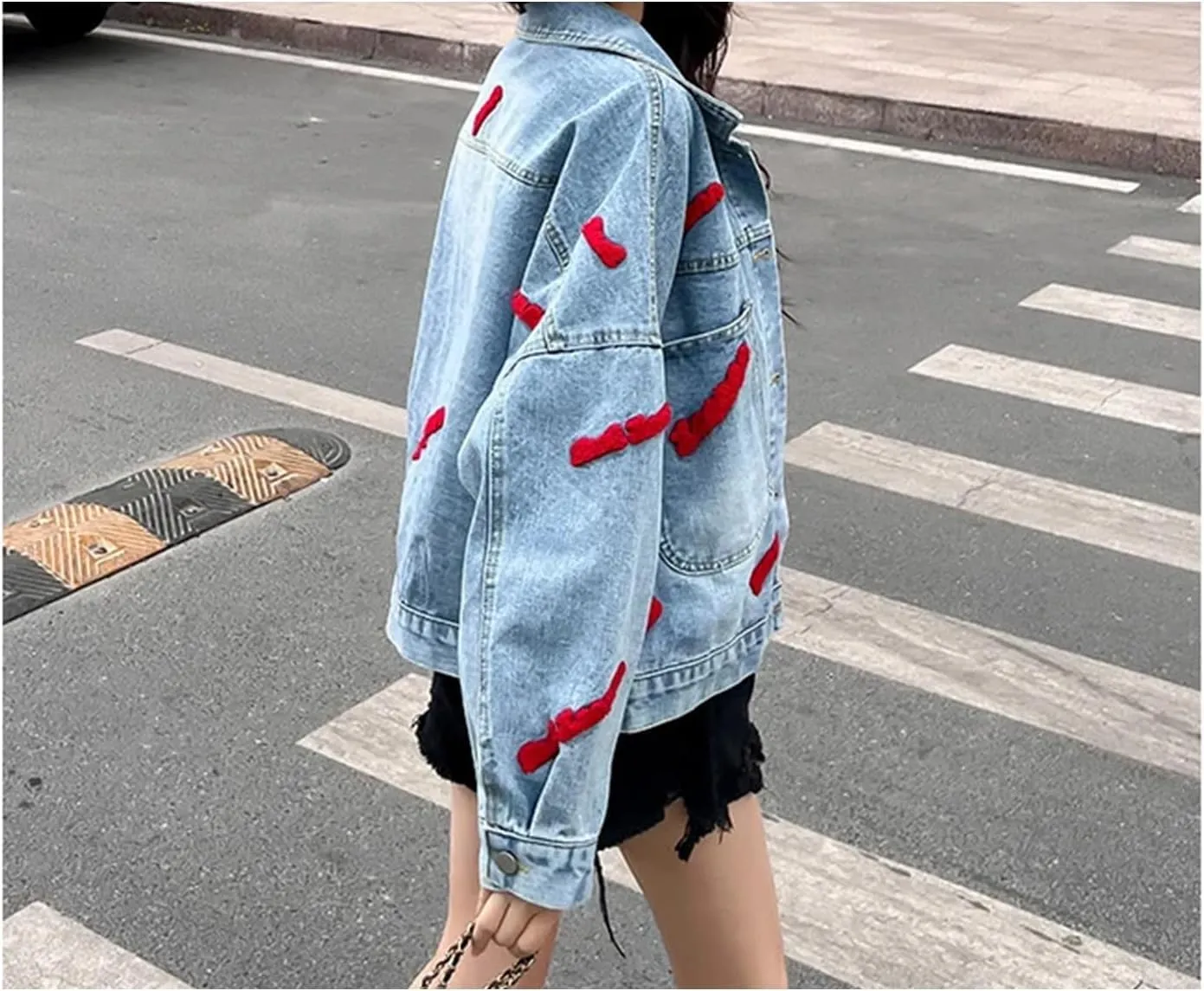 Women's Autumn Embroidered Denim Jacket with Floral Pattern Loose Fit Single Breasted Lapel Design Pockets Included