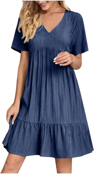 Womens Dresses Summer Plus Size Short Sleeve V Neck Casual Flowy Tshirt Dress Beach Travel Vacation Mini Sundress