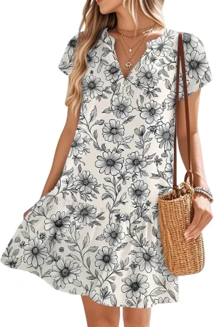 Women's Floral Print V-Neck Short Sleeve 2025 Beach Dress Flowy Relaxed Fit Boho Style Chic Sundress