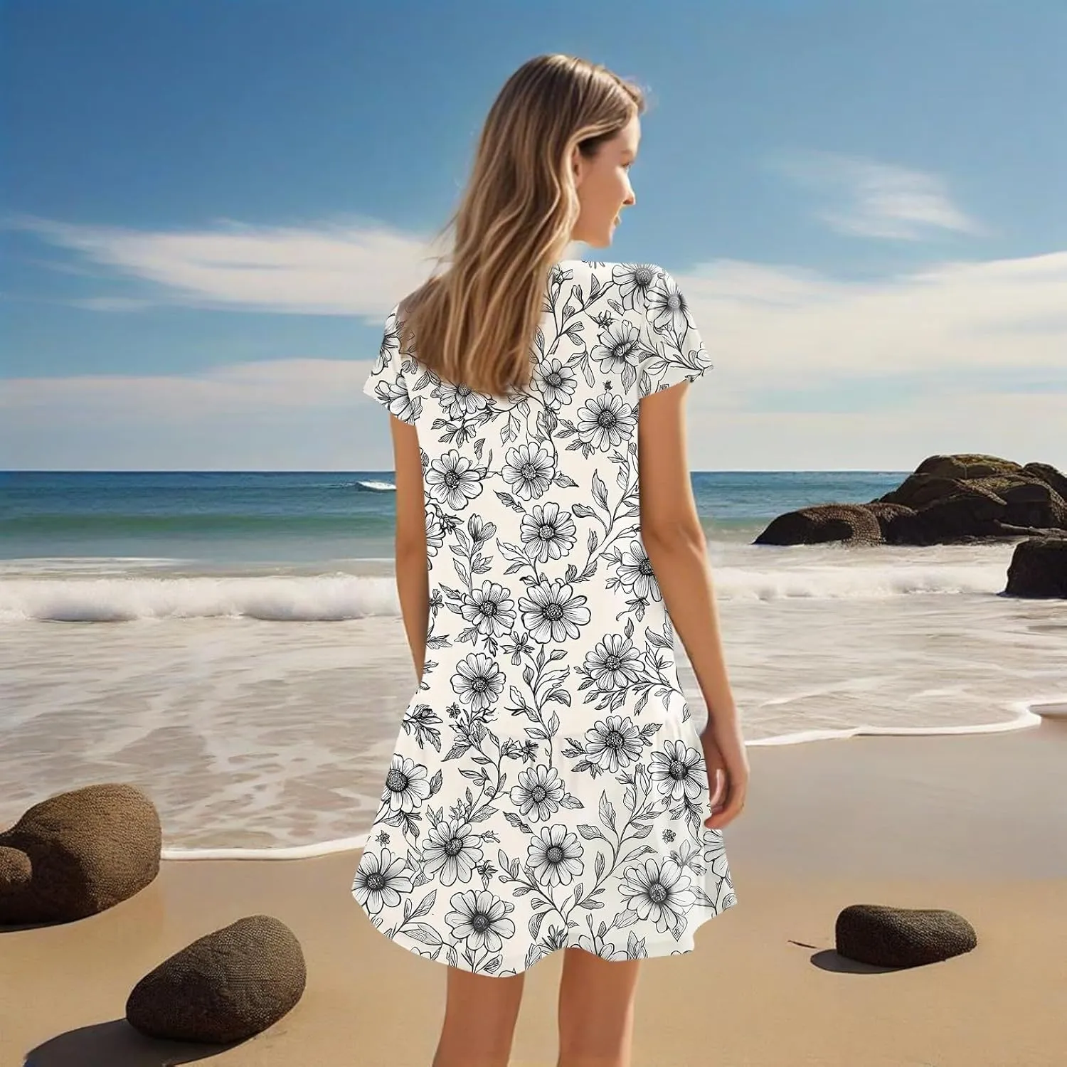 Women's Floral Print V-Neck Short Sleeve 2025 Beach Dress Flowy Relaxed Fit Boho Style Chic Sundress