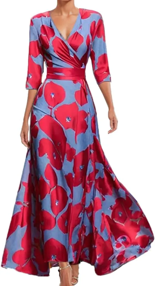 Womens Spring Floral Printed Maxi Dress 2025 Elegant V Neck Belted Summer Wedding Prom Cocktail Beach Dresses
