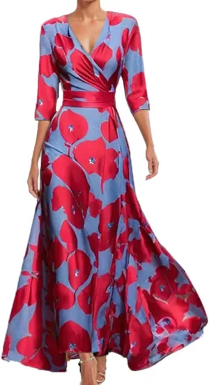 Womens Spring Floral Printed Maxi Dress 2025 Elegant V Neck Belted Summer Wedding Prom Cocktail Beach Dresses