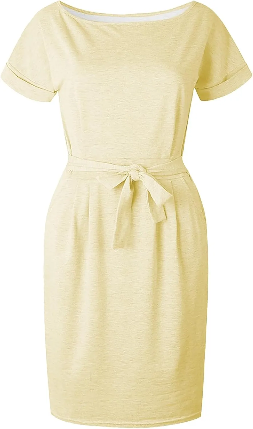 Women's Summer Dresses Crewneck Short Sleeve T Shirt Dress Solid Business Casual Tie Waist Mini Dress with Pockets