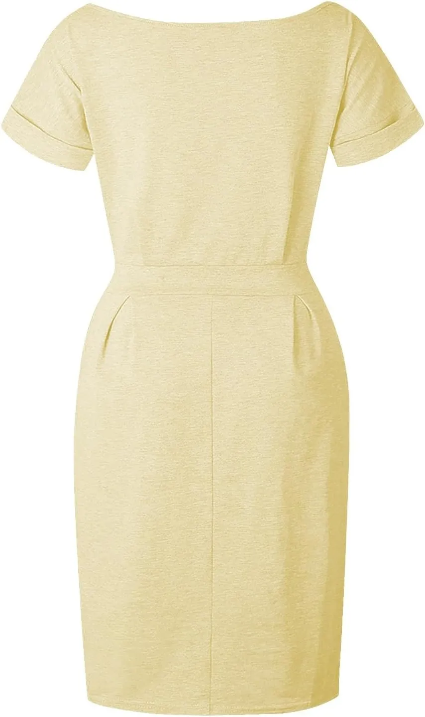 Women's Summer Dresses Crewneck Short Sleeve T Shirt Dress Solid Business Casual Tie Waist Mini Dress with Pockets